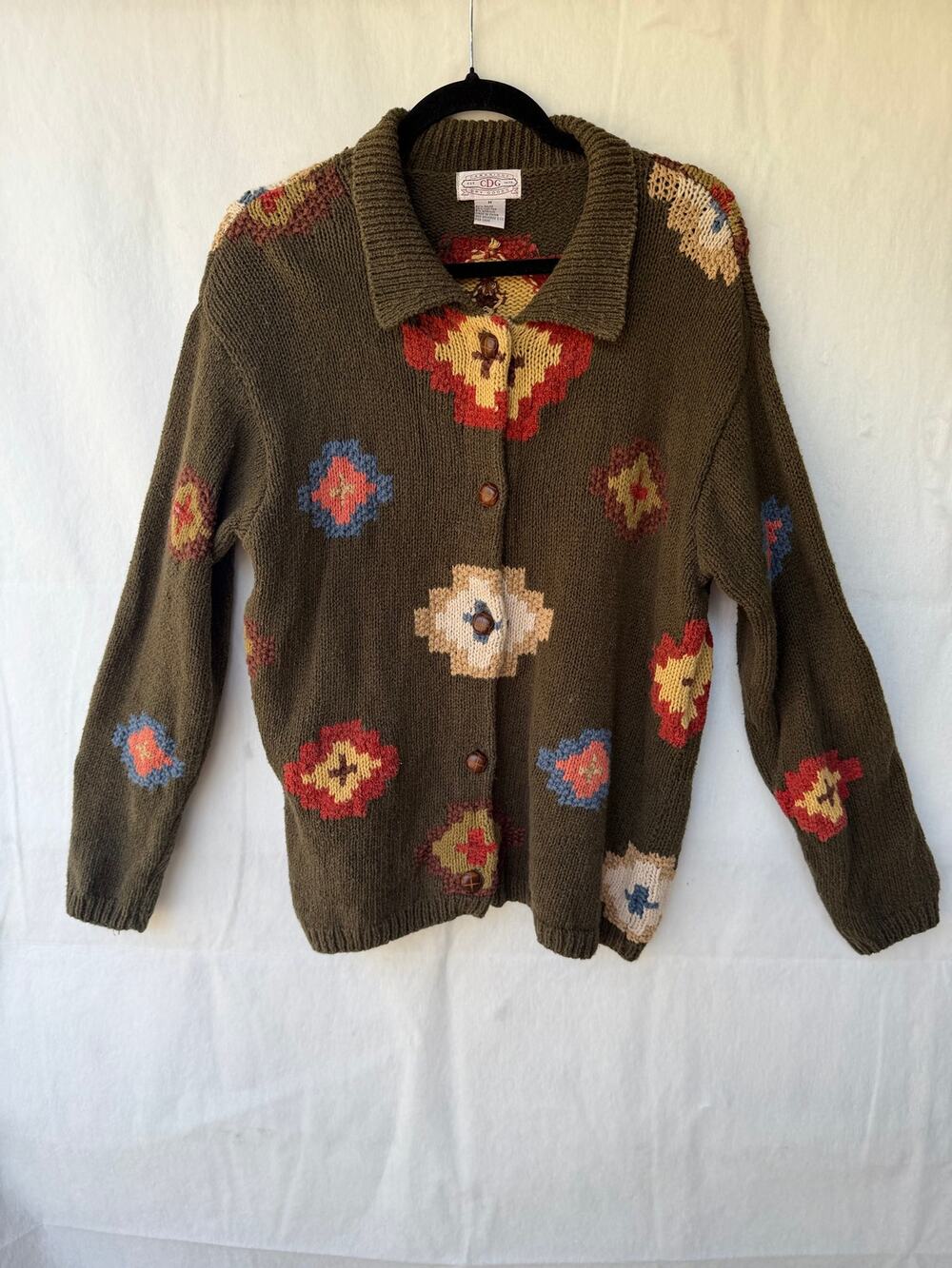 Vintage Women's Cambridge Dry Goods Aztec Geometric Cardigan Sweater Size Medium